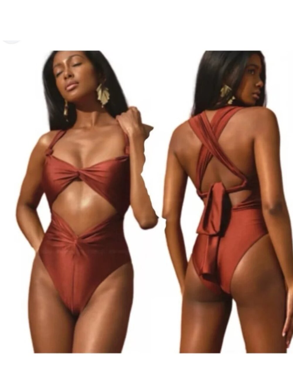 Andrea Iyamah Rora One Piece Swimsuit Swim Knotted Chocolate Brown New NWT Small